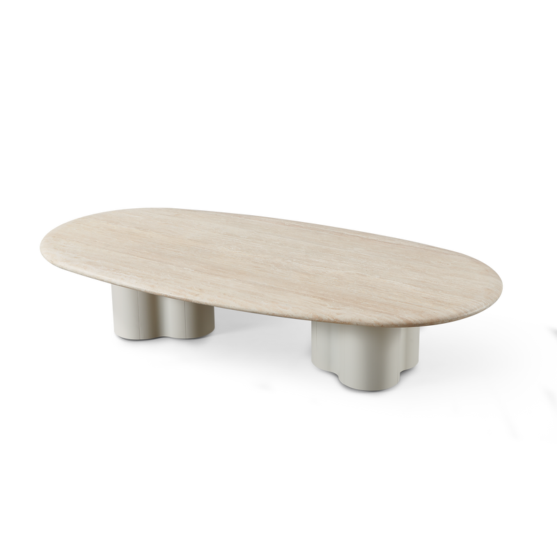 Porto Aluminum Pill Coffee Table 64" | Aluminum Asteroid Travertine Dark Grey