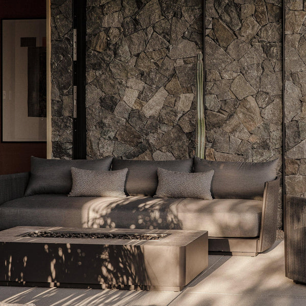 Antigua Rectangle Fire Table | Aluminum Asteroid, Travertine Dark Grey,