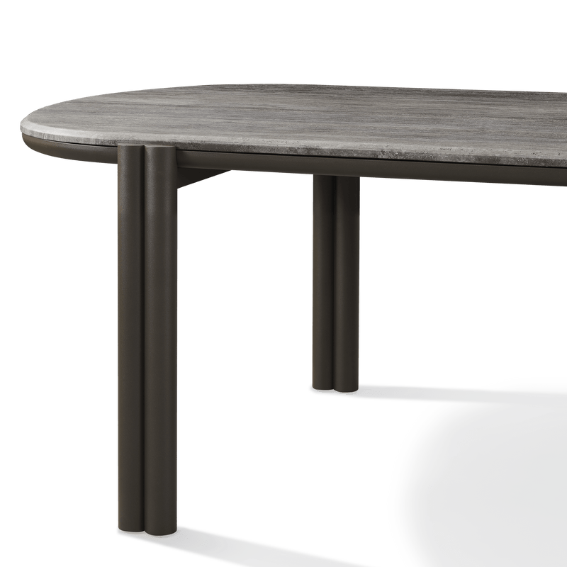 Cove Aluminum Pill Dining Table | Aluminum Bronze, Travertine Dark Grey,