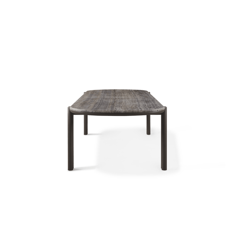 Cove Aluminum Pill Dining Table | Aluminum Bronze, Travertine Dark Grey,