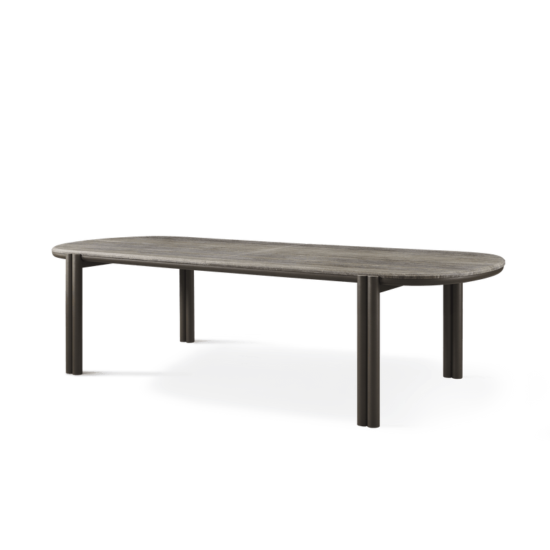 Cove Aluminum Pill Dining Table | Aluminum Bronze, Travertine Dark Grey,