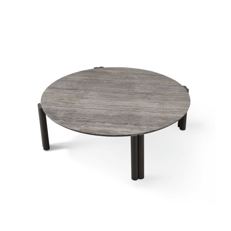 Cove Aluminum Round Coffee Table | Aluminum Bronze, Travertine Dark Grey,