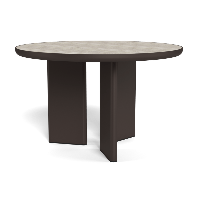 Moab 48" Round Dining Table | Aluminum Bronze, Travertine Dark Grey,