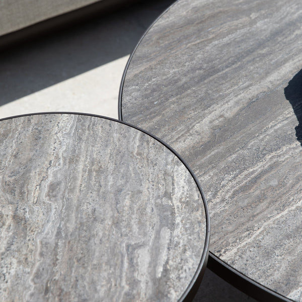 Moab Round Side Table | Aluminum Bronze, Travertine Dark Grey,