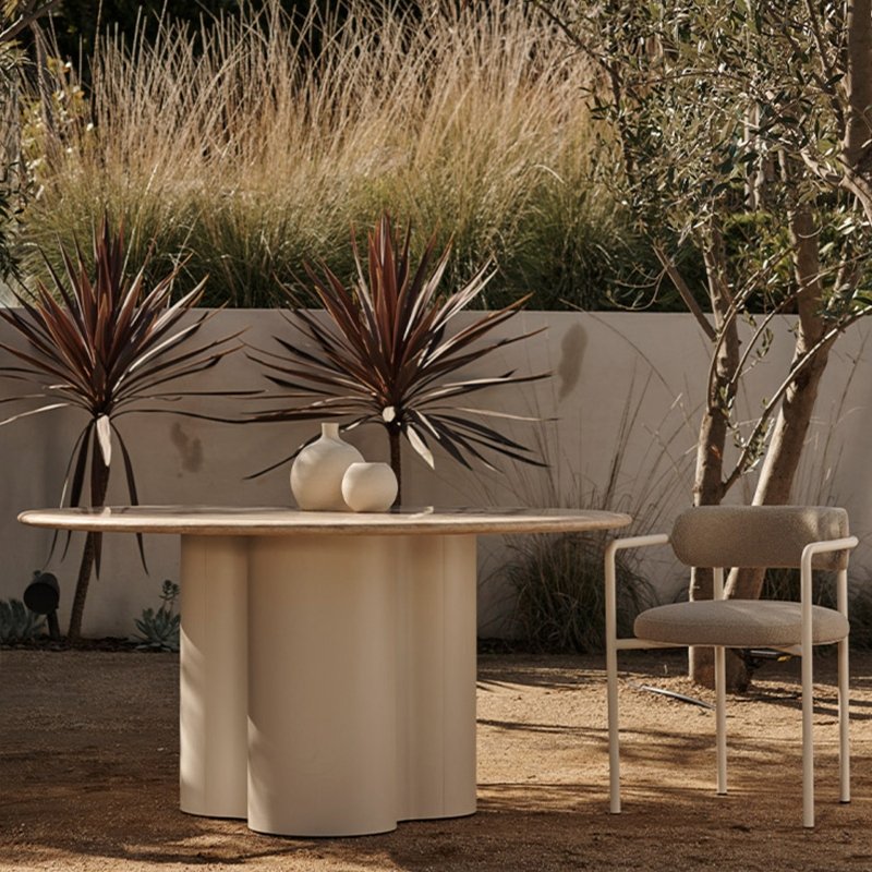 Porto Aluminum Round Dining Table 60" | Aluminum Asteroid, Travertine Dark Grey,