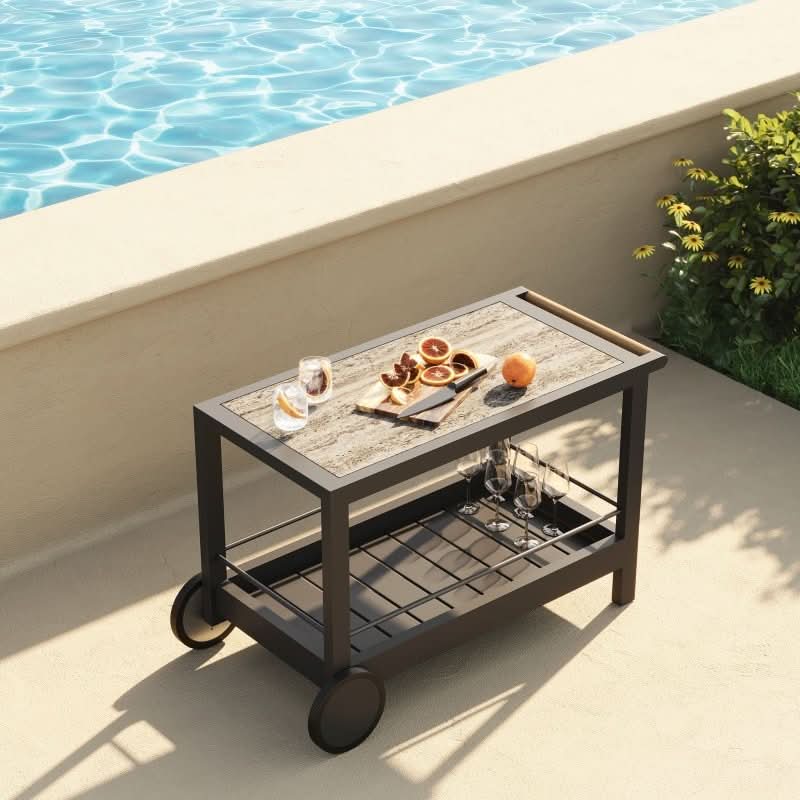 Tavola Aluminum Stone Bar Cart | Aluminum Asteroid, Travertine Dark Grey,